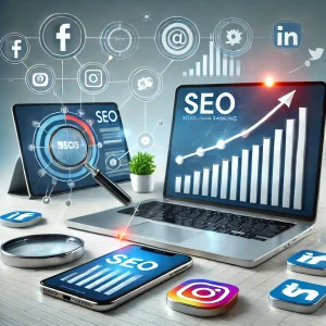 A digital workspace features screens displaying SEO graphics, social media icons, and growth charts, highlighting the synergy of SEO and social media marketing in increasing website traffic.